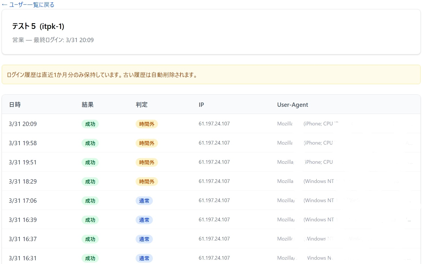 OAフロント ログイン履歴詳細画面