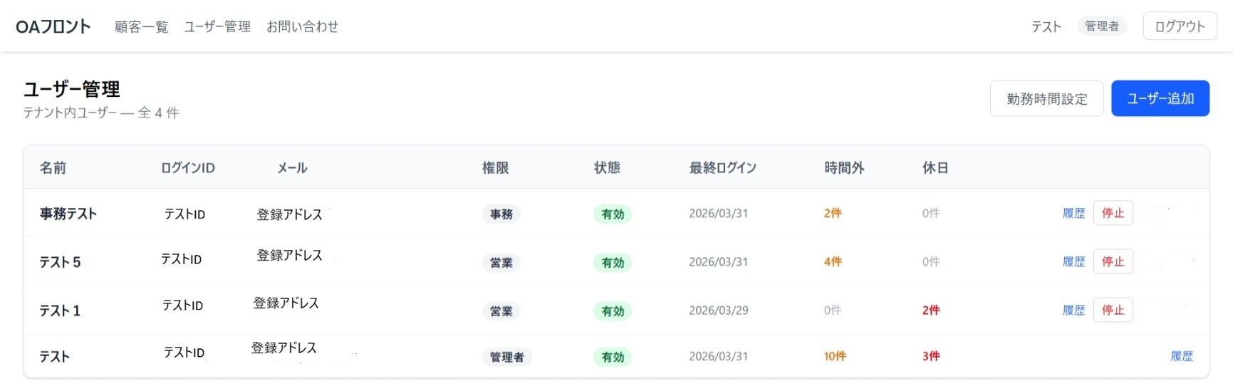 OAフロント ユーザー管理一覧画面